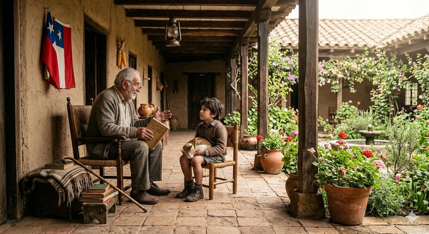 El abuelo le cuenta historias a un niño en el corredor de una casa de campo